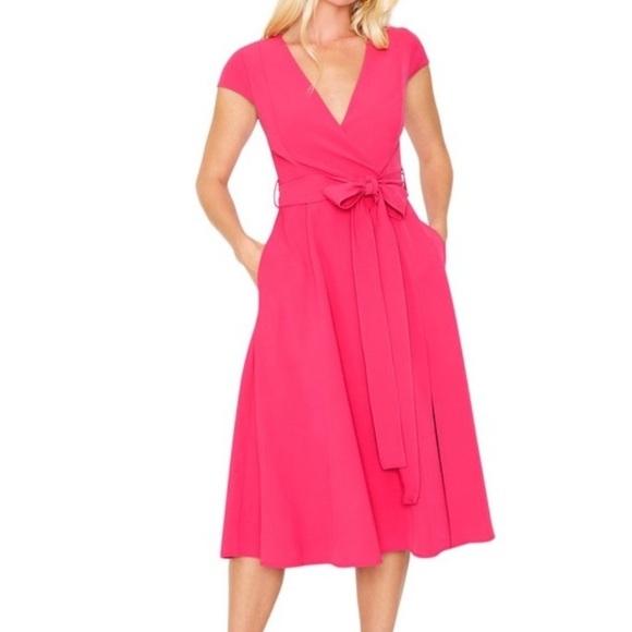 Black Halo - Pandora Faux Wrap Belted Hot Pink Dress - Picture 2 of 16